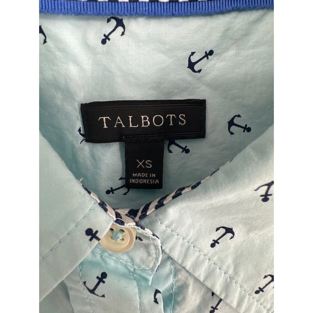 Talbots Top Womens XS Blue Anchor Print Nautical Button Long Sleeve Cotton - Picture 2 of 7